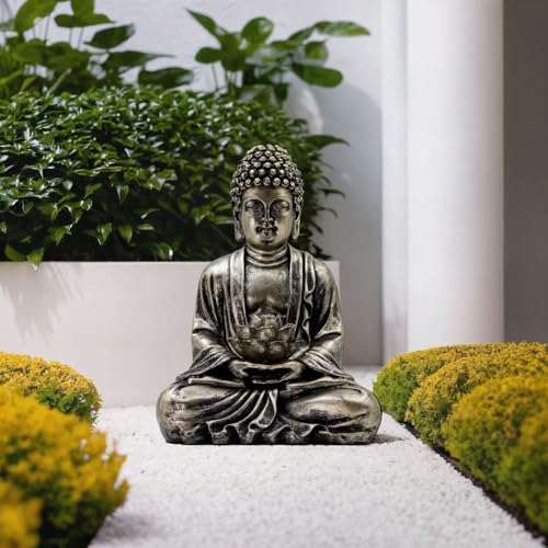 Estatua Buda Lotus con luces solares de resina para jardín miniatura 6