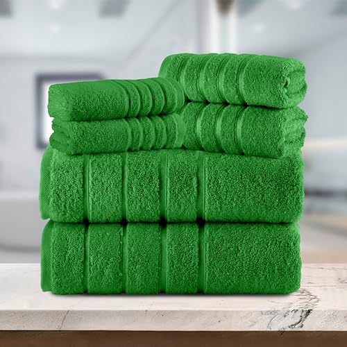 Image of Elegant Comfort 4 Lines Viscose Stripe 6-Piece Premium Towel Set - 100% Turkish Cotton High Absorbent Luxury Bathroom Towels - Includes 2 Washcloths, 2 Hand Towels and 2 Bath Towels Set, Emerald Green