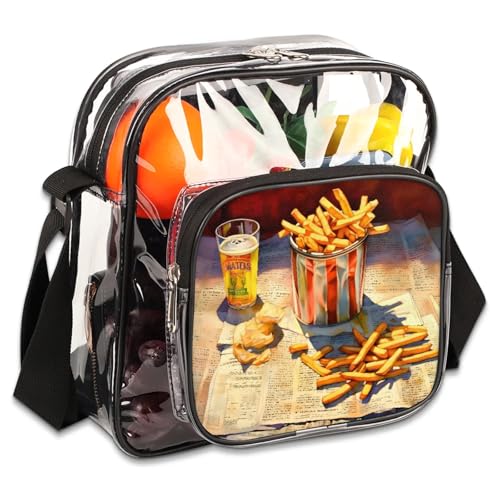 Clear Crossbody Bag Stadium Approved Fries Food Transparent Bag for Festivals, Sports Events, Concerts,Beach Bag for Women Men Clear Purse with Front Pocket Messenger Bag with Adjustable Strap