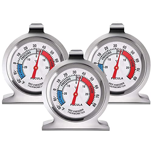 Nuscen 3Stück Kühlschrankthermometer(-20~80), 4 Farb Umfang/Edelstahl Gefrierschrank Thermometer,Mit Hakenplattenbasis/Analog/Kühlschrank Thermometer Großes Zifferblatt 6.1L X 3.5W X 7.5H CM Cover