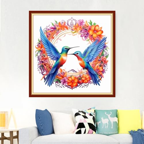 Image of Foxdiviy Stamped Cross Stitch Kits - Flower Hummingbird 18x18 inch - Pre-printed Embroidery Patterns - Art Crafts DIY Needlework Starter Kits for Beginners Adults All Ages