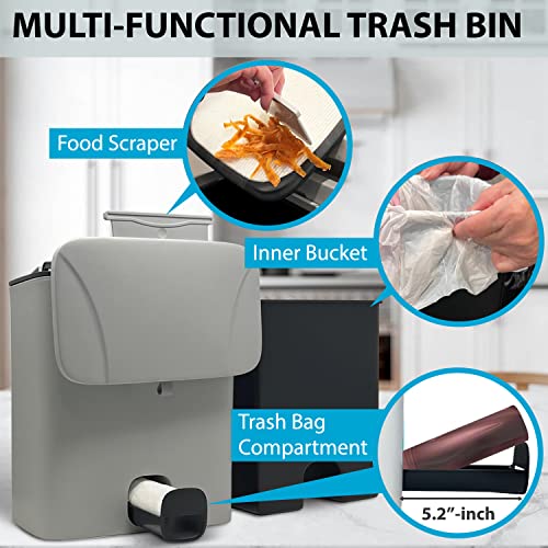 Ksev 2.6 Gallon Kitchen Hanging Trash Bin With Lid And Trash Bag Compartment, (2 Way Slide Open) Mountable Garbage Compost Can For Counter Top, Under Sink, Cabinet Door, Bathroom, Rv, Pontoon (Gray) #TOP3