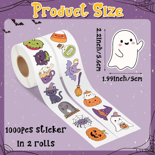 Image of Halloween Cute Sticker Rolls, 1000Pcs Pumpkin Cat Ghost Bat 2 Roll