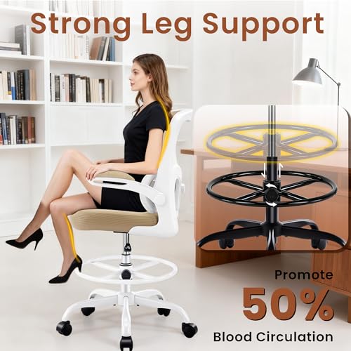 Image of AreShark Drafting Office Chair - Ergonomic Tall Office Chair with Adjustable Footrest Ring - Counter Height Adjustable Rolling Standing Desk Chair with Lumbar Support and Flip-up Armrests for Home