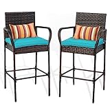 Sundale Outdoor 2 Pieces Patio Bar Stools with Back Rest Pillow, All-Weather Wicker Barstools Rattan Chairs, Counter Height Tall Chair with Arms, Turquoise Cushion, Patio Furniture - Steel, Brown