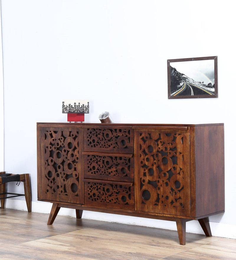 Solid Sheesham Wood Entertainment Tv Unit for Living Room | Free Standing Media Console Movable Tv Cabinet Sideboard | Tv Table Side Board with 3 Drawer & 2 Door Cabinet Storage | Brown