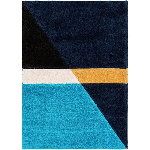 Image of Rectangular Shaggy Fur Carpet 2x6 Feet, Multicolor (Turquoise, Navy Blue, Black, White, Mustard) Soft Fluffy Area Rug for Living Room and Bedroom