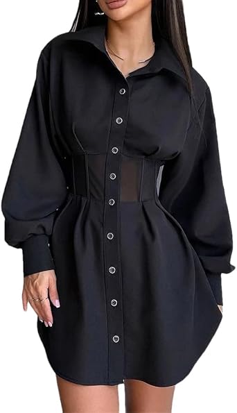 Womens Mesh Corset Shirt Dress Single Breasted Office Dress Long Sleeve Casual Mini Dresses
