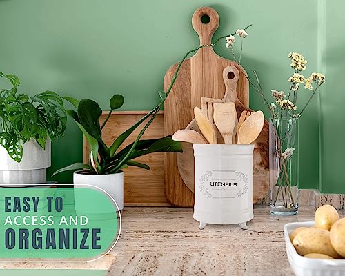 Comfify White Ceramic Utensil Holder – Vintage Style Kitchen Caddy – Shabby Chic Countertop Organizer – Rustic French Country Crock for Cooking Enthusiasts - Image 3