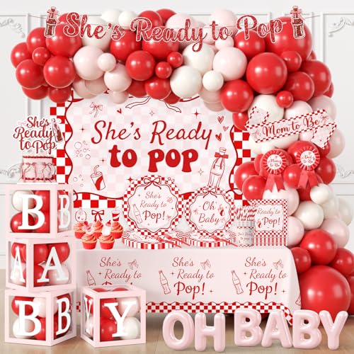 Shes Ready to Pop Baby Shower Decorations All-in-1 Retro Soda Pop Baby Shower Decorations with Balloon Arch Baby Boxes Plates Napkins Cake Toppers Tablecloth Backdrop Banner for Gender Reveal Party