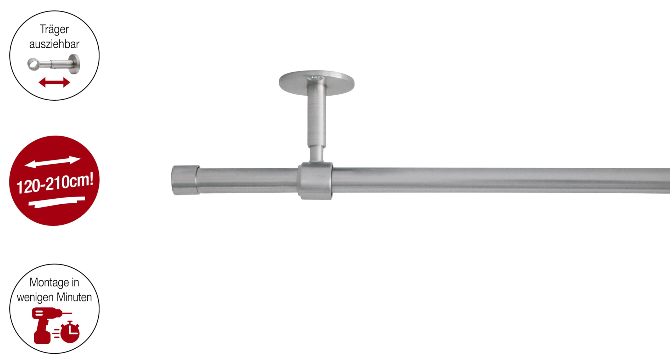 Ondeco Tringle à Rideaux Extensible 1 Voie - Montage Mural - Embout Rainuré - Avec Anneaux - Aspect Acier Inoxydable - 16/19 Mm - 160-280 Cm