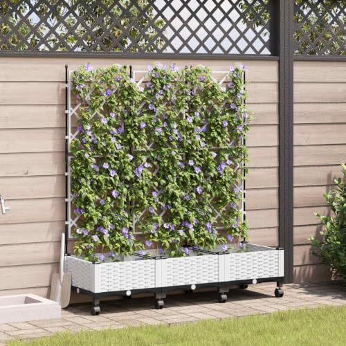 Maceta de jardín moderna e impermeable con celosía alta y ruedas vidaXL color blanco 3