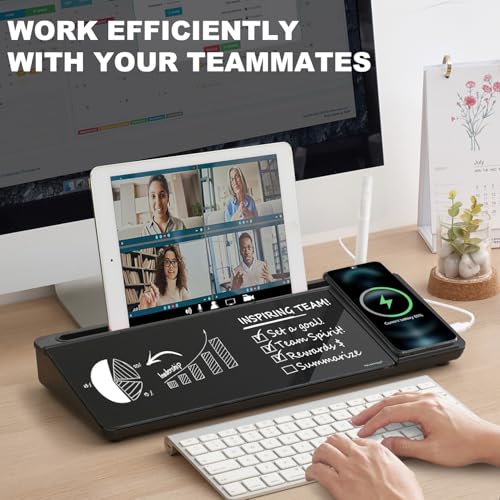 Image of Small Glass Desktop Whiteboard Dry-Erase-Board - Computer Keyboard Stand with Wireless Charger White Board Surface Pad with Drawer, Desk Organizers with Accessories for Office, Home, School Supplies