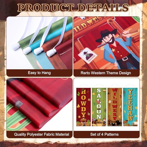 Image of Panelee 4 Pcs Western Cowboy Party Decorations Wild West Porch Banner Hanging Backdrop for Rodeo Cowboy Birthday Baby Shower Door Wall Indoor Outdoor Wedding Decor