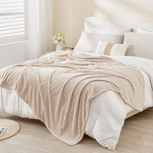 Image of EMME Fleece Blanket, 3D Jacquard Throw Blanket for Couch and Bed, Soft Cozy and Fluffy Blankets Lightweight Luxury Flannel with Geometric Grid Design (Beige, 108 inch x 90 inch)