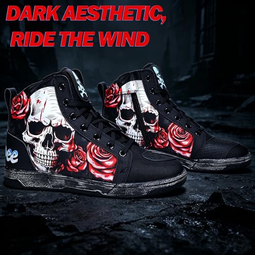GXZUORUI Retro Skull & Rose Motorcycle Riding Shoes for Men Women, Casual Daily Wear Motocross Sneakers with Side Zipper, Ankle Support & Anti-Slip Protective Footwear (Red, Adult, Men, 12, Numeric, US Footwear Size System, Medium) — view 3