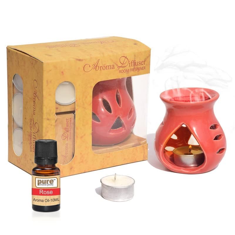Image of Pure Source India Ceramic Aroma Oil Diffuser Gift Set with 10ML Relaxing Oil & Tealight Candles | 97 Burner for Home Fragrance & Relaxation | Ideal for Gifting & Home Decor (Red)