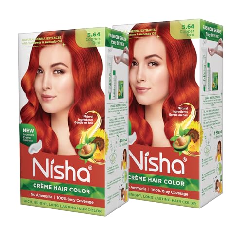 Image of Nisha Cream Permanent Hair Color No Ammonia Cream Formula Permanent Fashion Highlights(60Gm+60Ml Each Pack) Copper Red (Pack Of 2) 