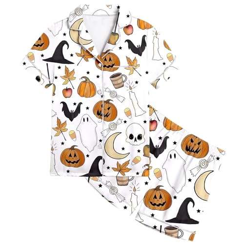 Girls Satin Silk Halloween 𝙋𝙖𝙟𝙖ma Set Pumpkin 𝙎𝙡𝙚𝙚𝙥wears Button Up Spooky Ghost Season 𝙇𝙤𝙪𝙣𝙜ewear with Pockets3