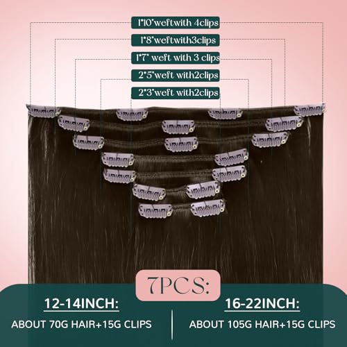 Image of Easyouth Clip in Human Hair Extensions Brown Straight Hair Extensions Clip ins Darkest Brown Clips in Hair Extension Real Human Hair Ease of Use 14 Inch 7Pcs 85G