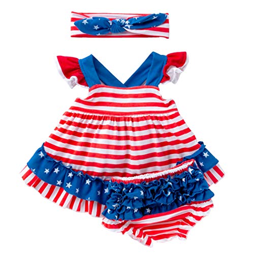 Ding-dong Baby Kid Girl Summer Stried Star Dress+Diaper Cover+Headband 3 Pieces Set Outfit 3 Pieces Set Outfit(Striped,6-12M) Red