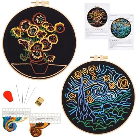 Armindou Van Gogh Starry Night Embroidery Starter Kits for Beginners Adults, Hand Embroidery Needlepoint Kits Counted Stamped Cross Stitch kits for Beginners Adults, 2 Set Embroidery Supplies, 2 Hoops Cover
