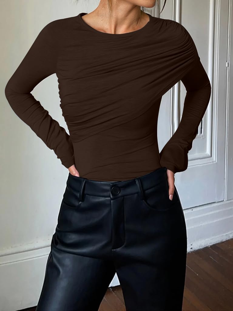 Cicy Bell Womens Long Sleeve Pleated Tops Fall Crew Neck Fitted Shirts Y2k Going Out Casual Ruched Blouse - Image 4