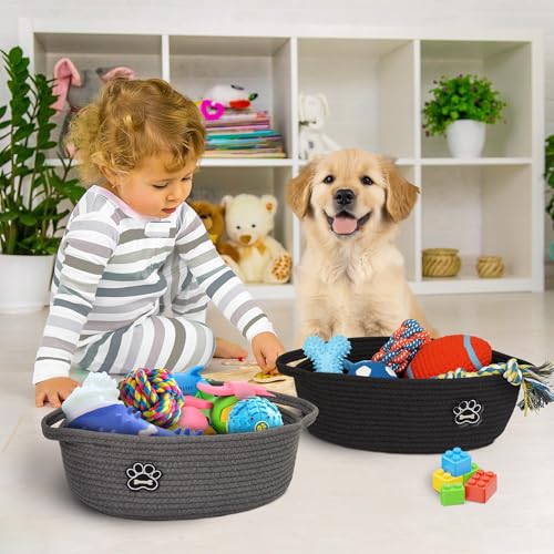 Small Dog Toy Basket, Soft Cotton Rope Dog Cat Toy Bin, Woven Storage Holder for Living Room Nursery, Cats Pet Gift Basket Empty, Decorative Wicker Storage Box with Handle, 13"x 9"x 5" (Grey) - Image 4
