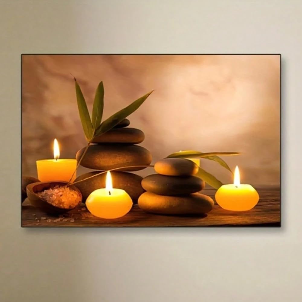 UUDEZO Ramka relaks spa sztuka ścienna plakat płótno druk świec i kamieni do masażu do sypialni, biura, salonu (80 x 100 cm (31 x 39 cali) czarna ramka