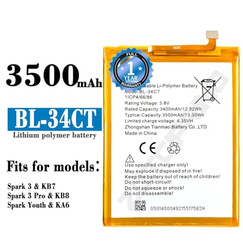 Image of Original BL-34CT Battery for Tecno Camon i4 / Camon -iSky3 / KB3 / CB7 / CB7J / KB7 / KB7J /Battery with 1 Year Warranty****(R213)