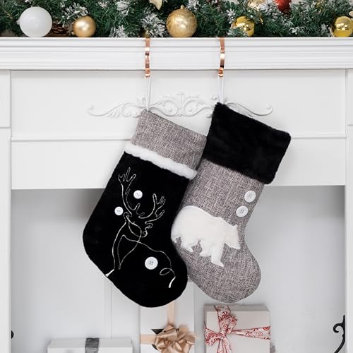 BHD BEAUTY White and Black Embroidery Christmas Stockings Set 2 Xmas Stockings Decoration with Pattern 20