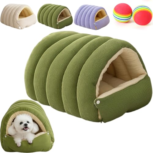 猫用ハウス 冬 犬 ベッド ペットハウス ドーム型 ペットソファー クッション キャット 寝床 ふわふわ 暖かい 保温防寒 滑り止め 取り外し可能 洗える 猫用 小型犬用 小動物用 ペット用品 ボール2個付き (グリーン,45*30*19cm)
