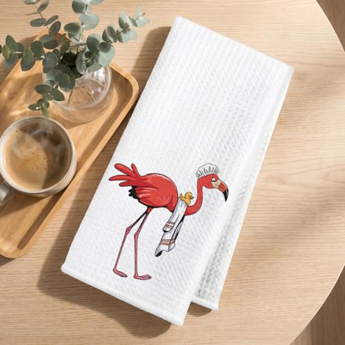 Image of 4 Pcs Funny Flamingo Hand Towels for Bathroom 24x14 Inch, Hot Pink Reusable Dish Towels for Bathroom Restroom Decor, Waffle Weave Absorbent Hand Cloth Tea Towel, Flamingo Gifts for Women Mom