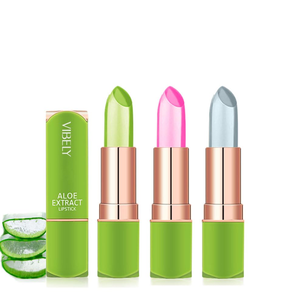 Aloe Vera Lipstick, Magic Temperature Color Change Waterproof Long Lasting Lip Balm, 24H Labiales Magicos Pintalabios Permanente 24 Horas Originales (3 Pcs Set)
