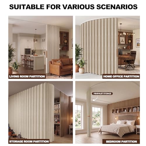 Image of ILRON Accordion Folding Room Partition with Ceiling Track - Retractable Room Divider Curtain, Effortless Setup(Beige 180 inch W x 84 inch L-Pack of 1)