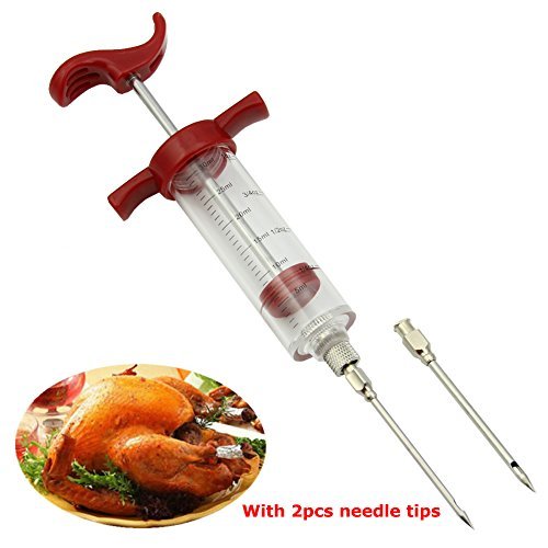 HeroNeo BBQ Tool Cook Meat Marinade Injector Flavor Syringe For Poultry Turkey Chicken Grill Cooking With 2pcs needle tips (Red)