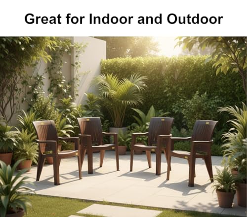 Image of Plastic Chair Set of 4 for Home & Outdoor Use | Heavy Duty Comfortable Chair with Strong Legs | Stackable, Easy to Clean | Suitable for Living Room, Balcony (Pack of 4-Rolex | Brown)