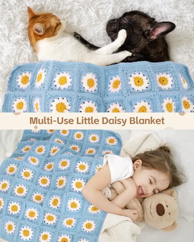 Image of Katech Crochet Kit for Beginners - Granny Square Blanket with Daisy Squares, Step-by-Step Tutorials - Blue