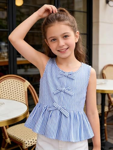 Image of Girls Bowknot Tank Tops Sleeveless Striped Shirts Cotton Peplum Babydoll Top