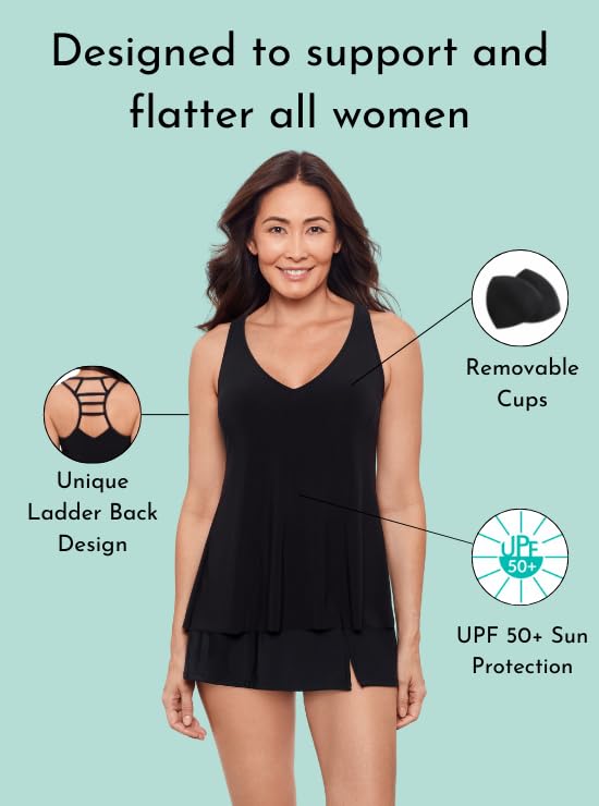 Aqua Green Women's Standard V-Neck Full Coverage Ladder Trim Detail Racerback Tankini Swim Top, Black4