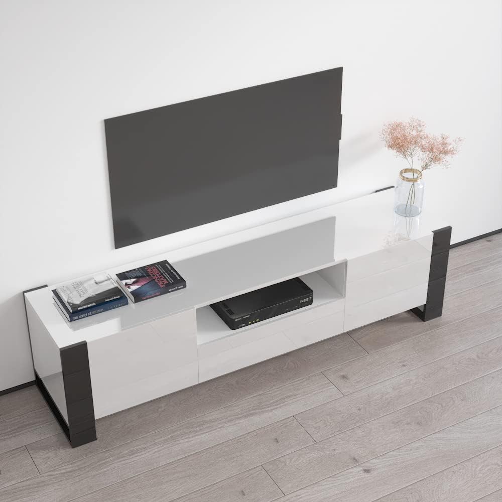 Meble Furniture Woody Freestanding TV Stand — Storage Cabinets — Modern High Gloss, 59.1" W x 15.7" D x 21.7" H — White/Black