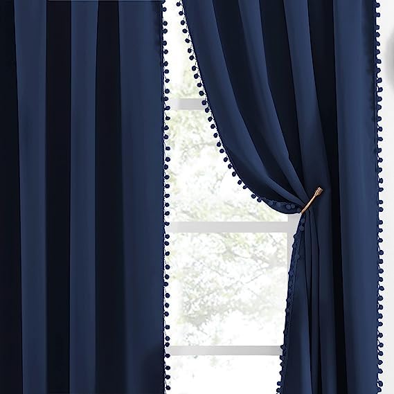 Image of Amazon Brand - Umi Velvet Eyelet Door Curtains with pom pom Lace for Living Room Bedroom Kitchen 1 pc Pack in Blue Color (Windows - 4 feet x 6 feet)