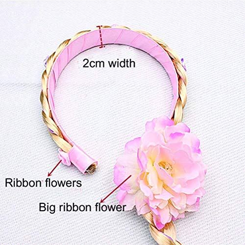 LHKJ Haarreif Prinzessin Zopf geflochten Haartei Kinder Haarband Kopfschmuck Haarschmuck für Party Cosplay Kostüm Rosa mit Blume