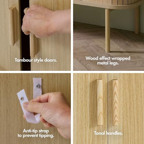 VonHaus Sideboard for Living Room - Tambour Cupboard with Sliding Doors & 3 Shelves - Modern Scandi Look Living Room Storage Cabinet - Light Wood Effect Slatted Side Board for Hallway - Landos - Image 7