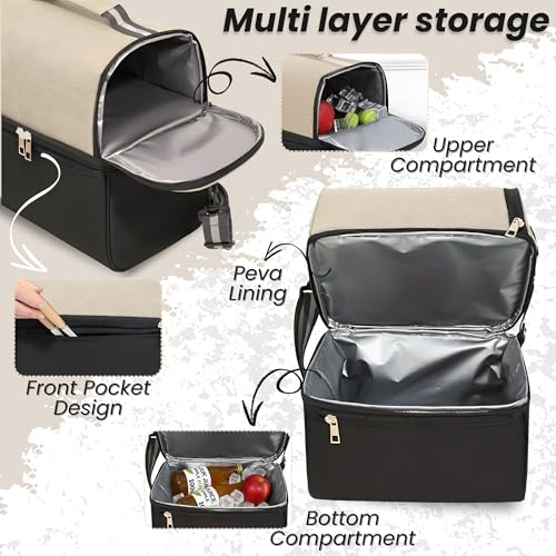 Image of OCEANEVO 2 Compartment Insulated Lunch Bag with Luggage Tag, Tiffin Bag for Office with Handle and Shoulder Strap for Men and Women - 28 x 25 x 18 Cm - Beige