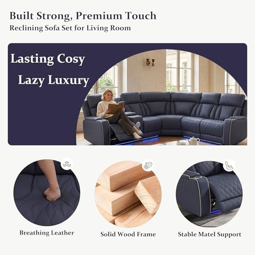 Image of Power Recliner Sectional Sofa, L-Shaped Living Room Furniture, 5 Seaters Reclining Sectional Couch with Storage Console /Cup Holder, Navy Leather Furniture for Living Room /House /Apartment
