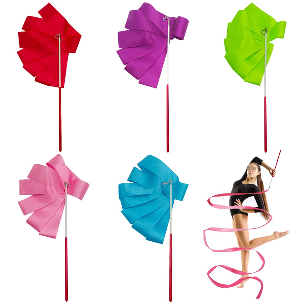 5Pcs Dance Ribbons, Streamers Rhythmic Art Gymnastic Baton Twirling Rod for Kids Dancing Exercises Training Equipment Circus Skill (5 Colors)