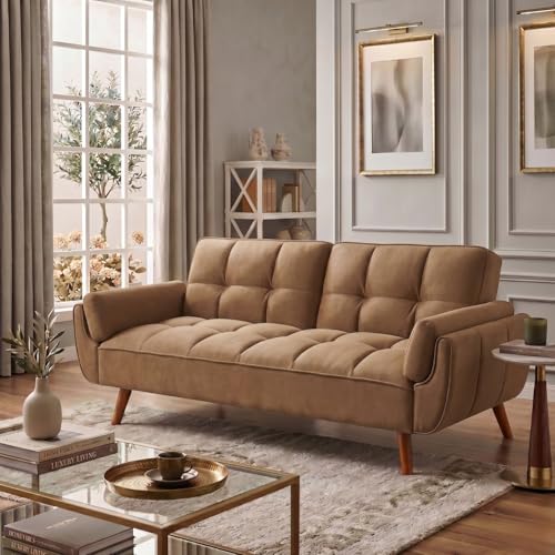 Image of Tarantino 3-Seater Convertible Sofa Cum Bed | Modern Tufted Upholstered Folding Sleeper Sofa for Living Room | High-Density Foam Comfort | Space Saving Couch Bed for Home (Light Brown)