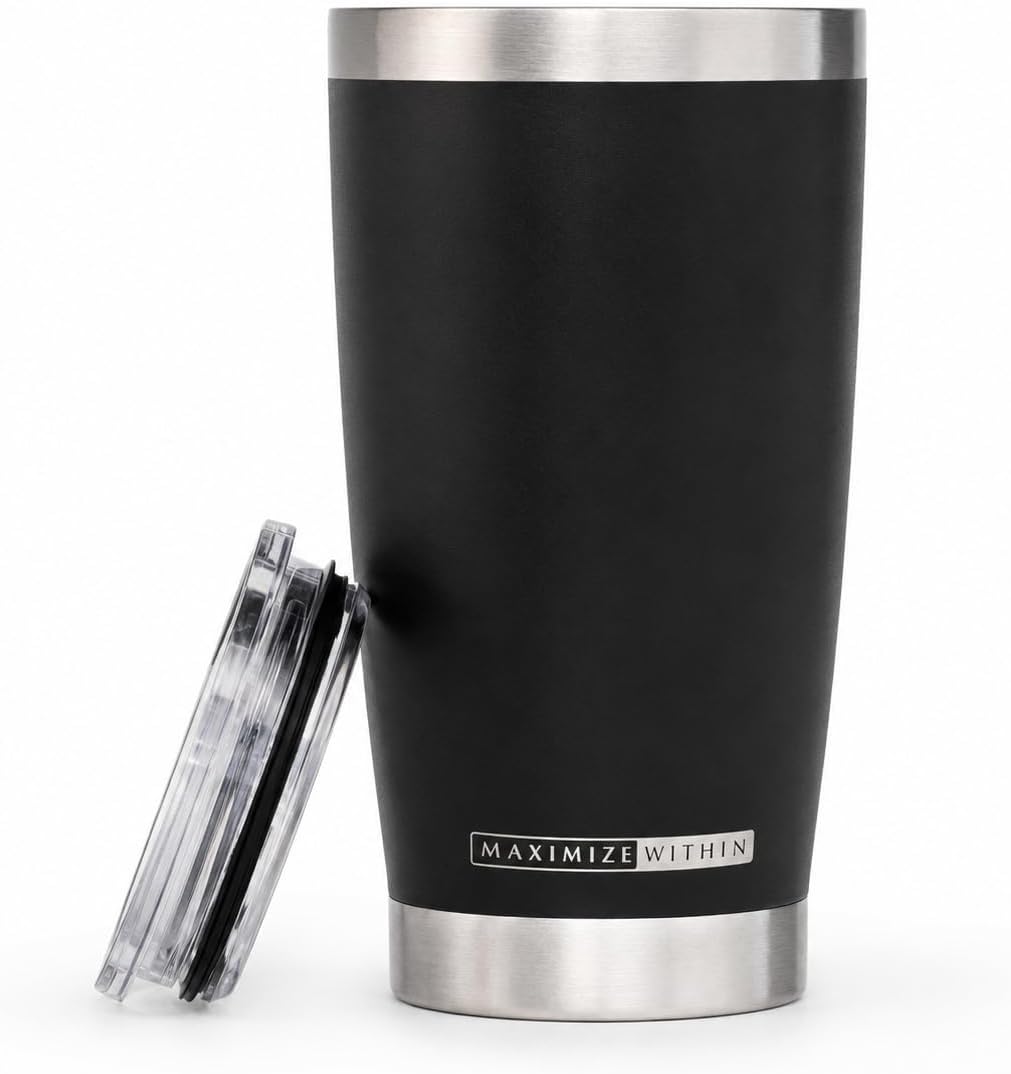 20 Oz Stainless Steel Tumbler with Lid – Double Wall Vacuum Insulated Travel Coffee Mug – Keeps Drinks Hot 6 Hrs & Cold 24 Hrs – Sweat-Free Cup Holder Friendly Tumbler – Black