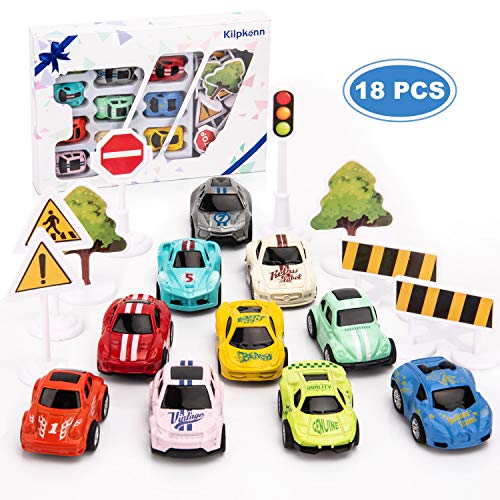 Kilpkonn Race Car Toys Set, 10 Die-Cast Metal Cars, 8 Road Sign, Mini Pull Back Toy Cars with Giftbox, Perfect Racing Car Party Favors Gift